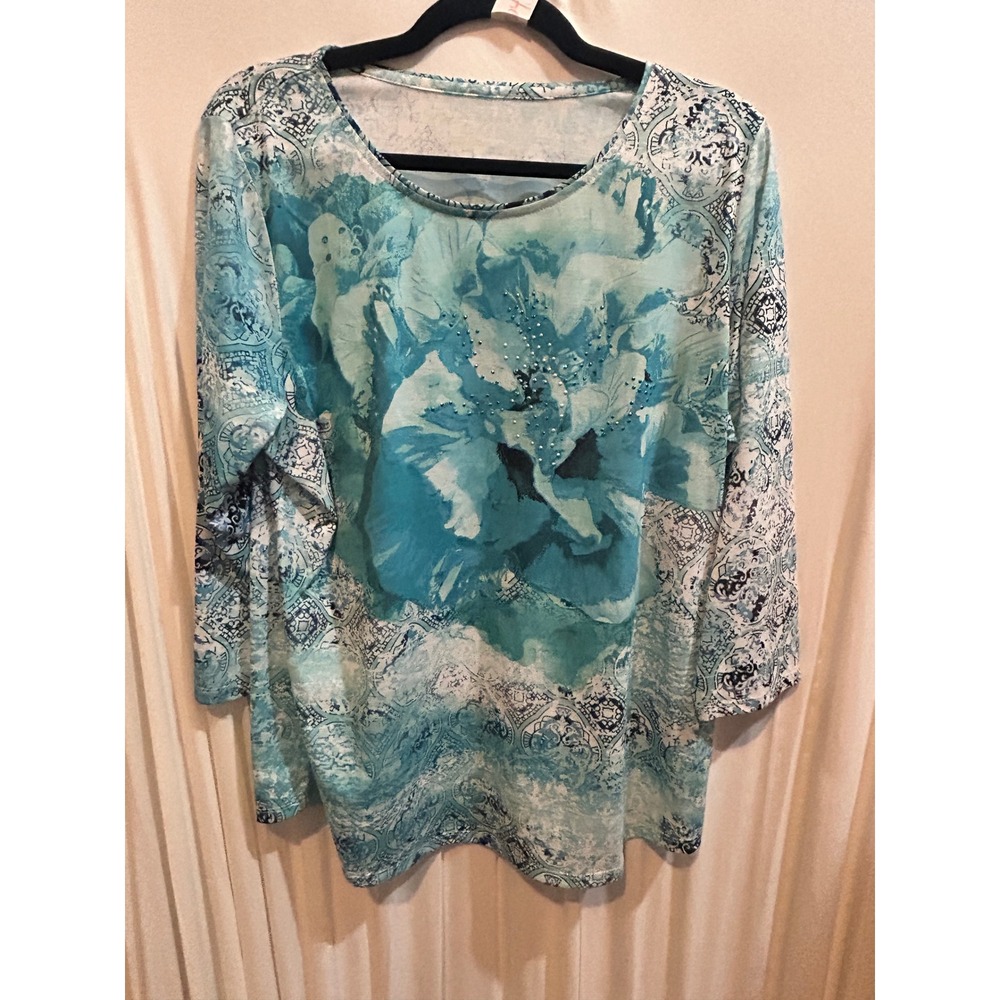 Allison Daley Womens L/G Floral Print 3/4 Sleeve Embellished Top Blouse
